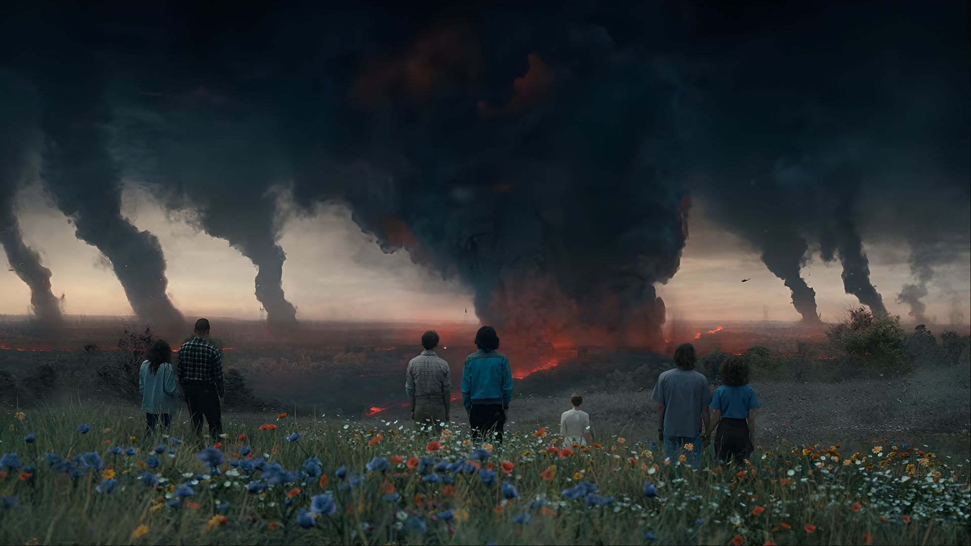 A haunting vision of Hawkins facing apocalyptic ruin, as seen in this Stranger Things scene where the Upside Down begins to consume the real world with fiery storms and darkness. (Image via Netflix)